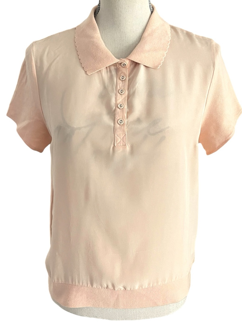Luisa Cerano Peach Silk/Cotton Sheer Scallop Collar 1/4 Button Polo Top (10)